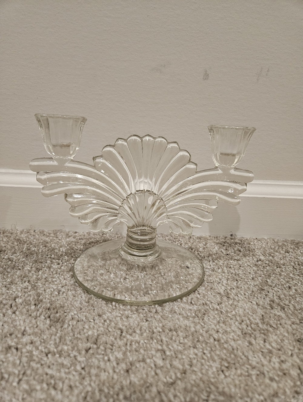 Antique Paden City Clear Glass Double Candle Holder with Fan Design